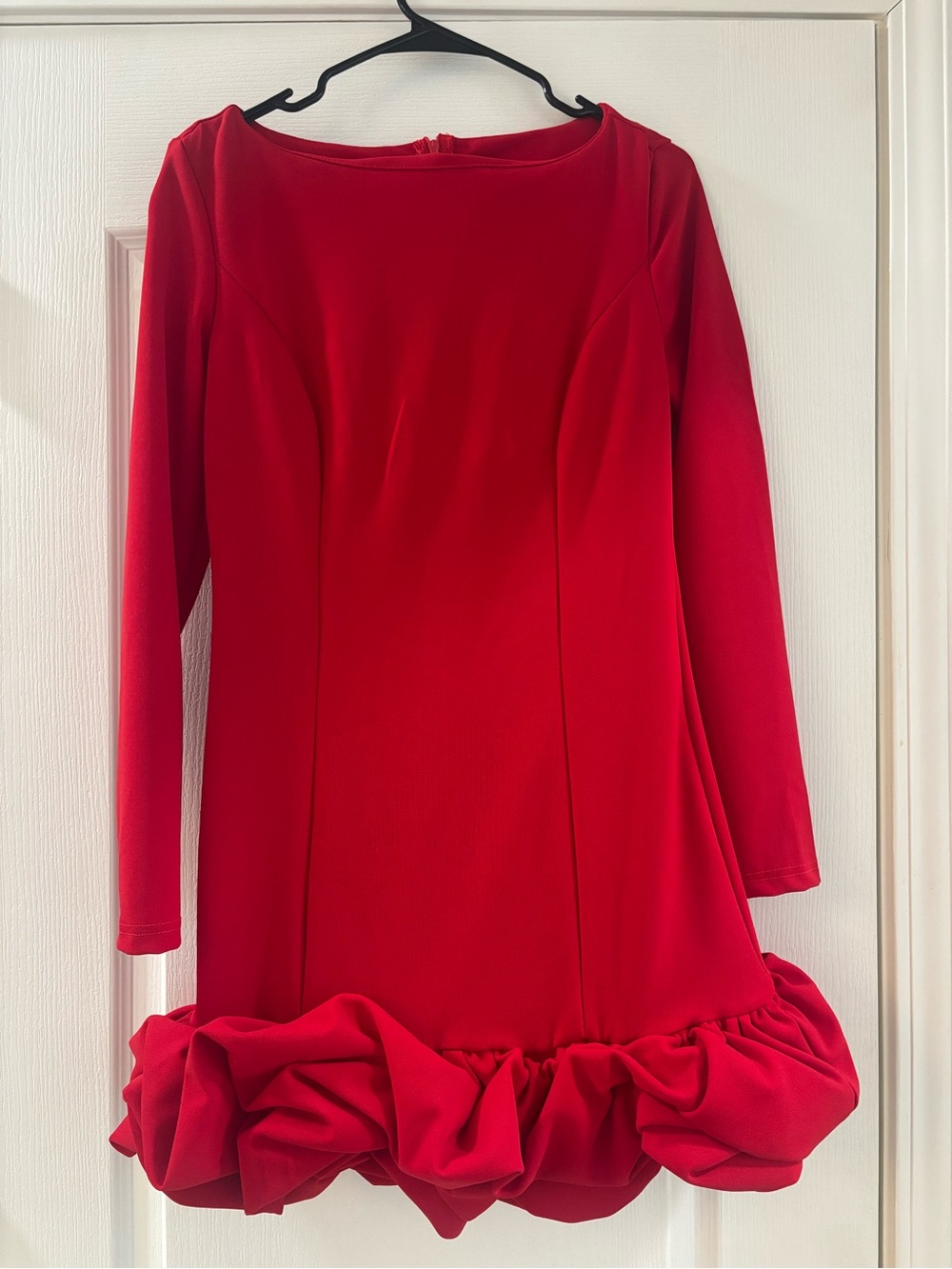 Red Long-Sleeve Ruffle-Hem Dress